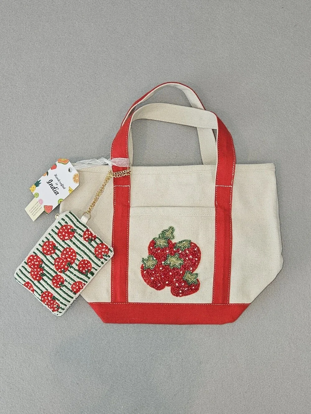 NWT Viral Beaded Strawberry Mini Canvas Tote & Coin Purse – Handcrafted in India